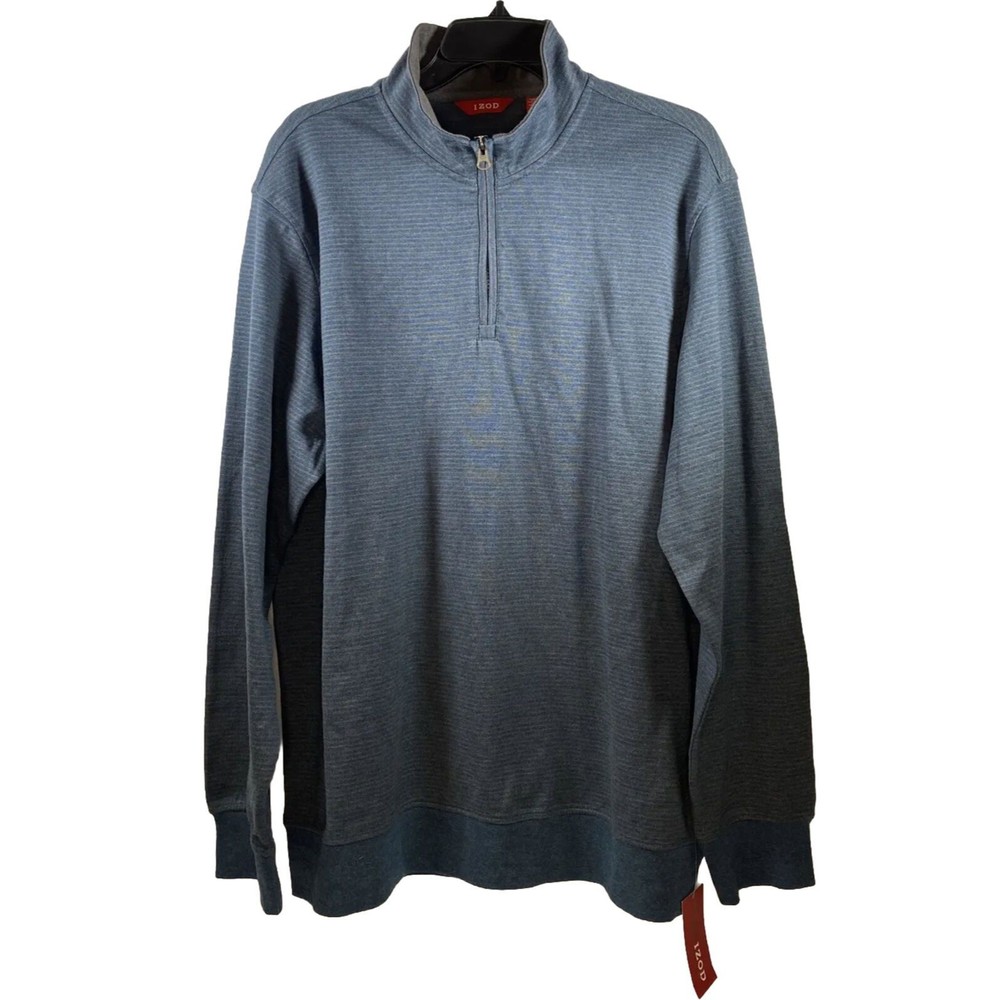 Izod Men’s Heavy Jersey 1/4 Zip Pullover Striped  Shirt Majolica Blue Size L NWT